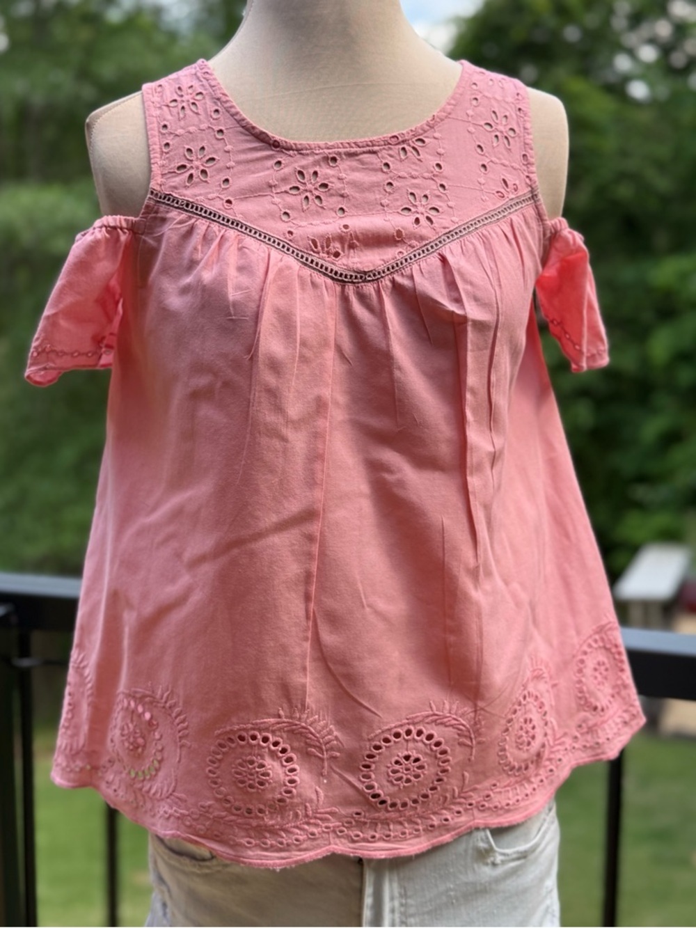 Red Camel Pink Coral Eyelet Embroidered Cold Shoulder Top XS Boho Cottagecore